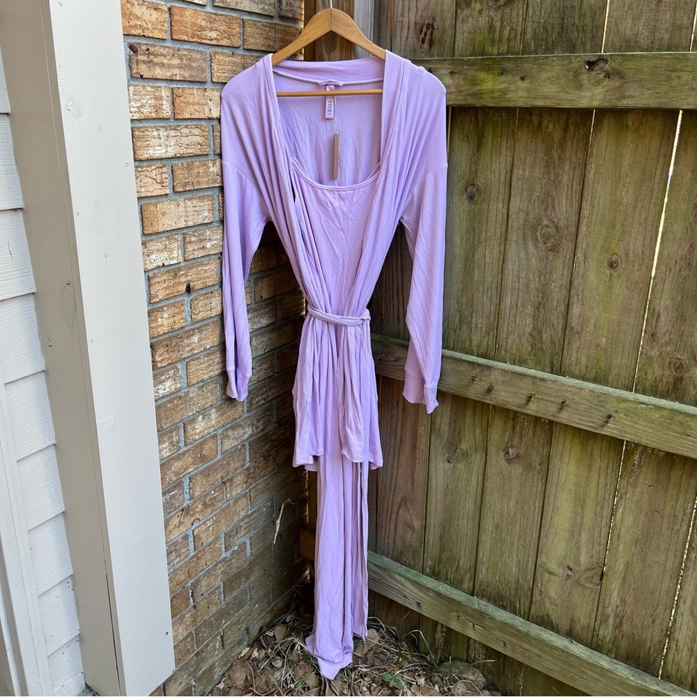 SKIMS Lavender Long Slip Dress and Short Robe